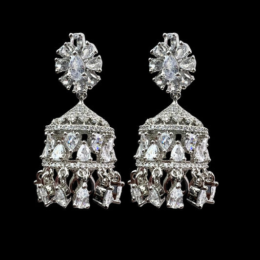 Silver & White American Diamond Jhumka with Floral Stud – Dazzling Party Wear