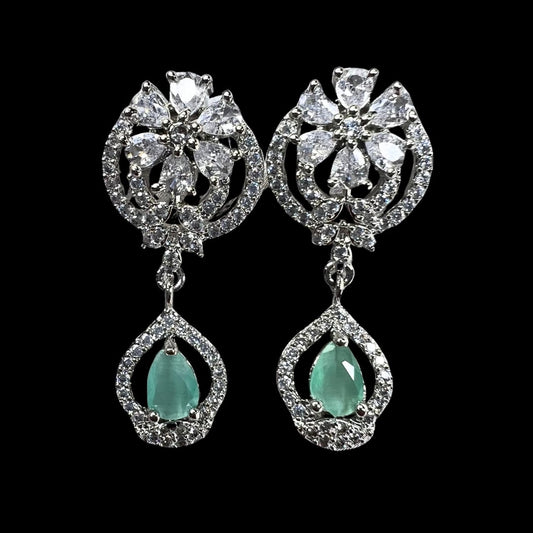 Delicate Mint Green & AD Earrings: A Touch of Floral Charm