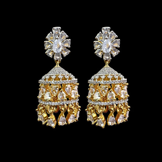 Golden & White American Diamond Jhumka Earrings with Floral Stud – Luxurious & Dazzling Party Wear