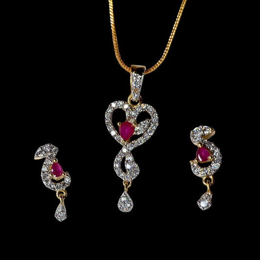 Exquisite AD American Diamond Pendant and Earring Set with Ruby pink Stones