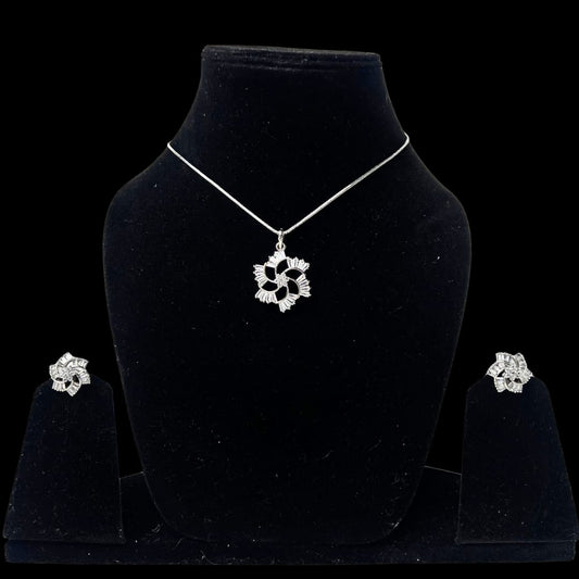 Radiant AD American Diamond Pendant and Earring Set | Snowflake Floral Design