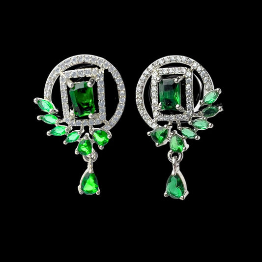 Dazzling Emerald Green & White AD Earrings – Modern Elegance for Party & Festive Wear