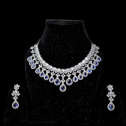 Majestic American Diamond Necklace Set with Sapphire Blue Stones