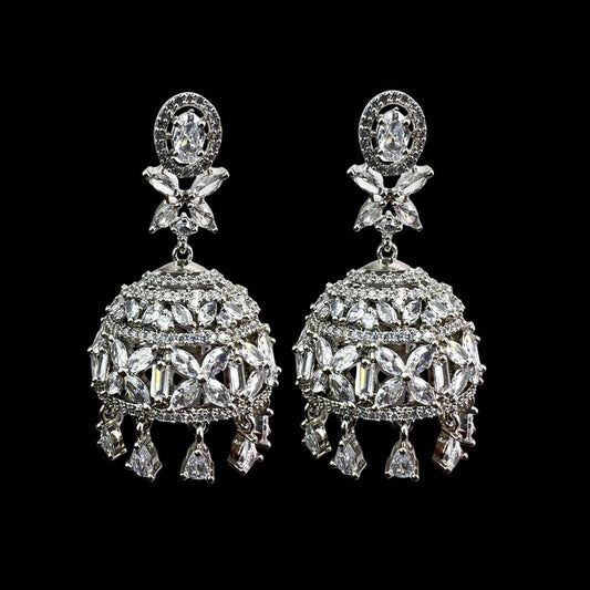 Dazzling Silver American Diamond Earrings with Floral & Marquise AD Work