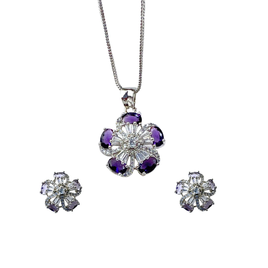Elegant AD Jewelry with Purple Stones -Stunning American Diamond & Amethyst Floral Pendant and earring set