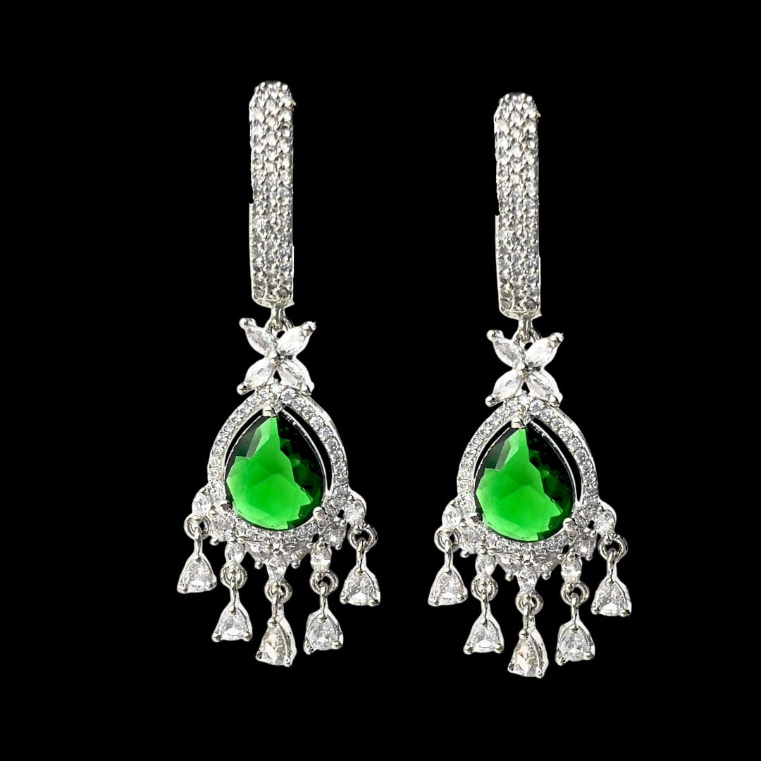 Exquisite AD Green Stone Drop Earring – Premium American Diamond Jewellery