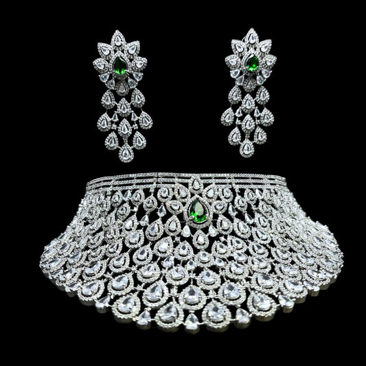 Grand Emerald green  American Diamond Bridal Necklace Set with Earrings – Exquisite Wedding Jewelry