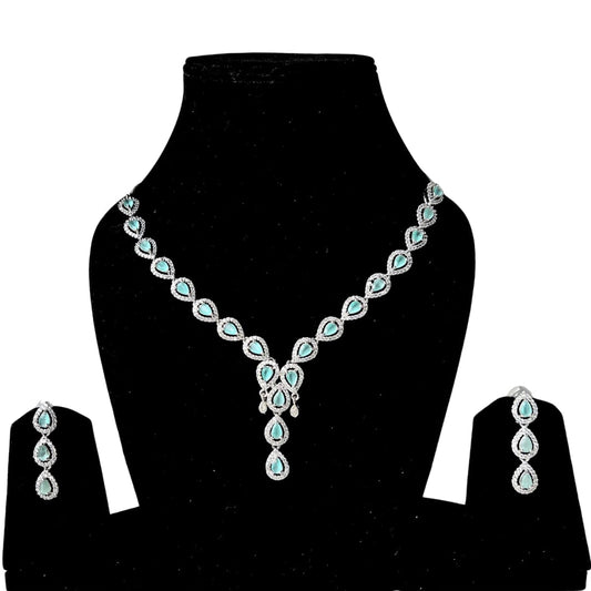 Mint green American Diamond Necklace Set with Pear-Shaped Accents