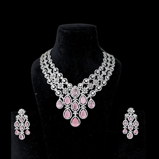 Radiant Pink and White American Diamond Necklace Set with Earring