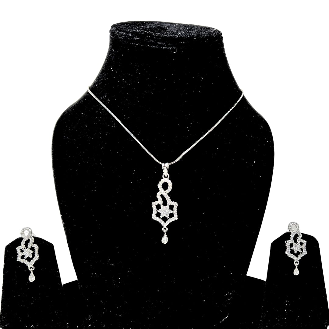 Dazzling AD American Diamond Pendant and Earring Set | Hexagon Star Design