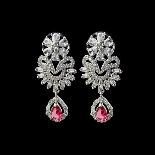 Majestic American Diamond Earrings with Ruby-Red Stone -A Grand Statement of Elegance