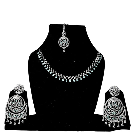 Mint green American Diamond Necklace Set with Chandbali Earrings & Maang Tikka