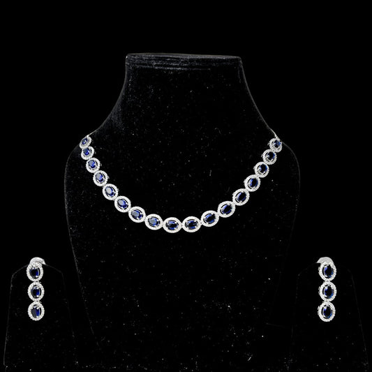 Elegant American Diamond Necklace and Earrings Set with Deep Blue Oval Stones