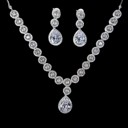 Timeless Pear-Cut American Diamond Necklace and Earrings Set: Exquisite Occasion Jewellery